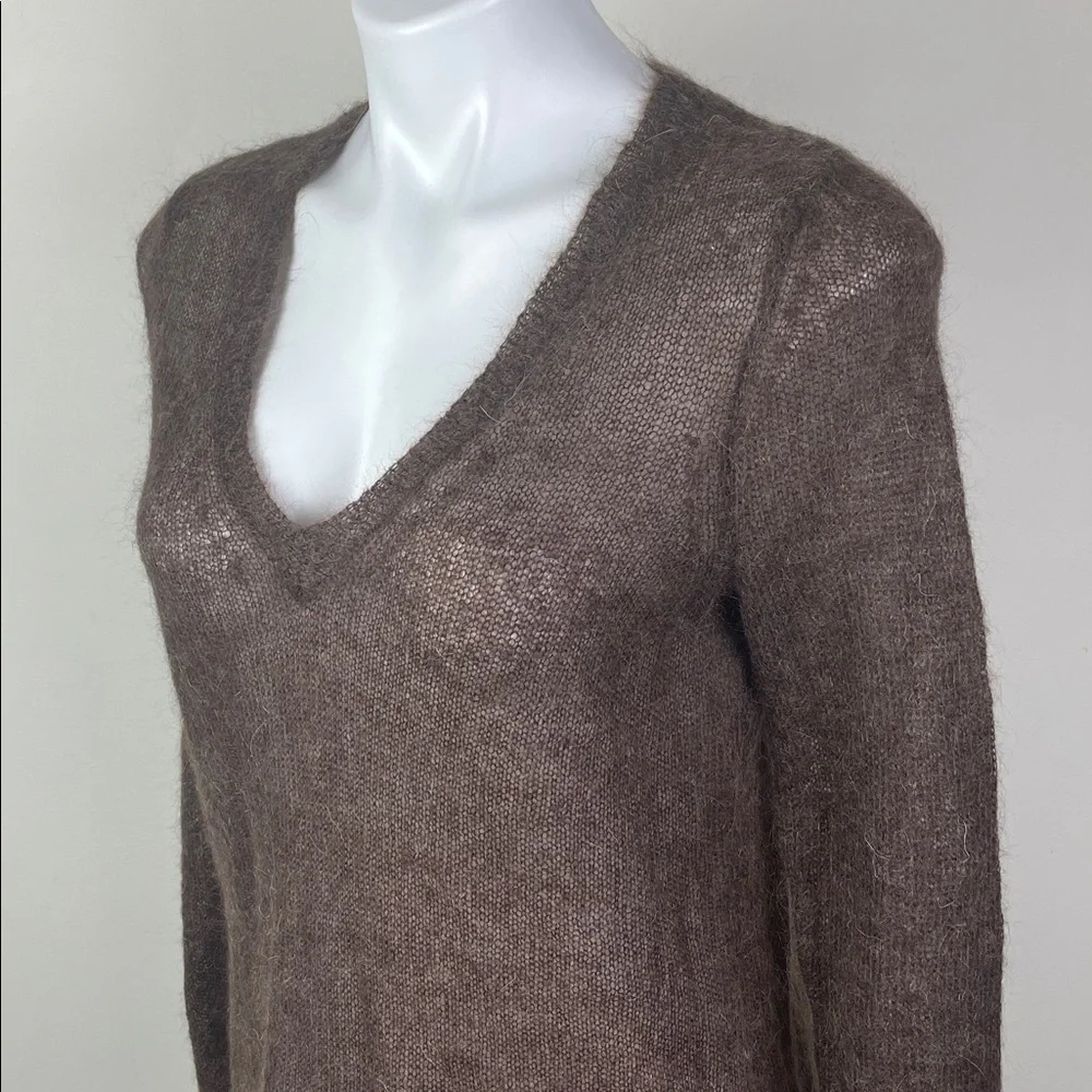 Super Fuzzy Sheer Mohair V-Neck Sweater Brown Distressed